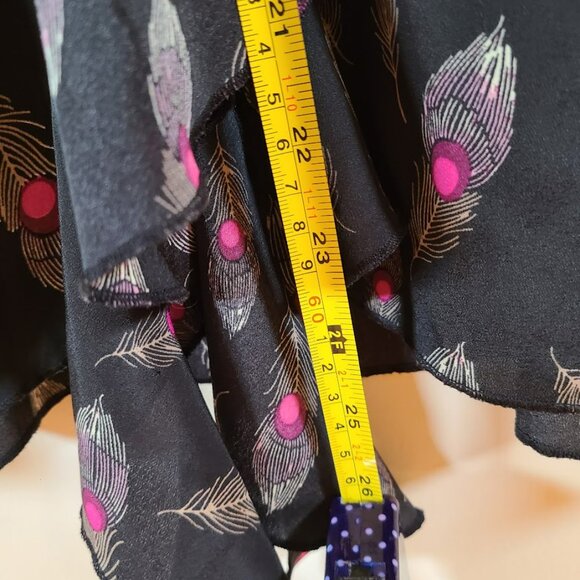 Vtg F21 Y2K Peplum Ruffle V-Neck Top Women's L Peacock Feather Black Peasant - Picture 8 of 13